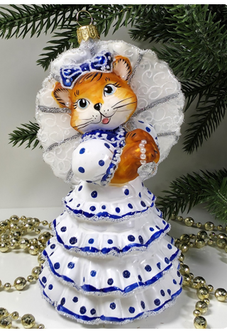 Стеклянная елочная игрушка Кошка с зонтиком голубая