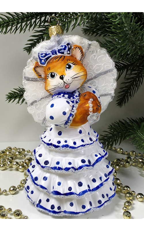 Стеклянная елочная игрушка Кошка с зонтиком голубая