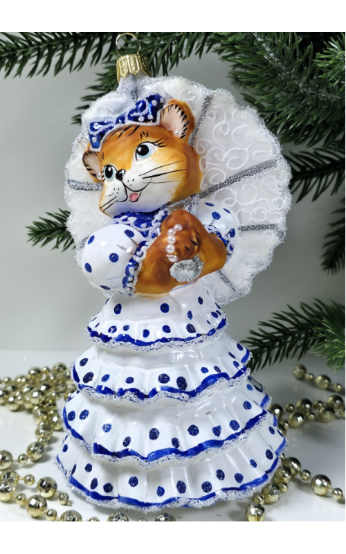 Стеклянная елочная игрушка Кошка с зонтиком голубая