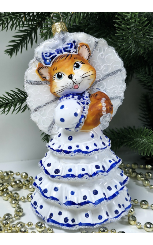 Стеклянная елочная игрушка Кошка с зонтиком голубая