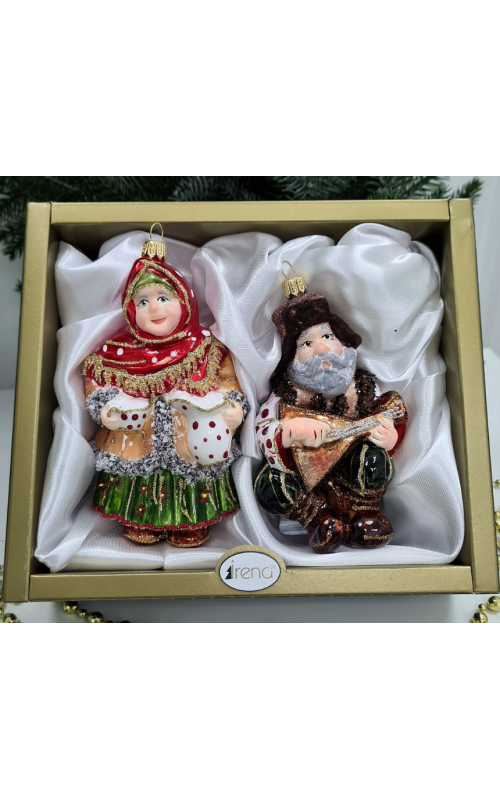 Набор ёлочных игрушек Бабушка с кувшином и дед с балалайкой