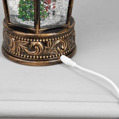 Новогодний музыкальный фонарик с подсветкой и снежным вихрем лампа Дед Мороз 22*14*14 см (USB+батар)