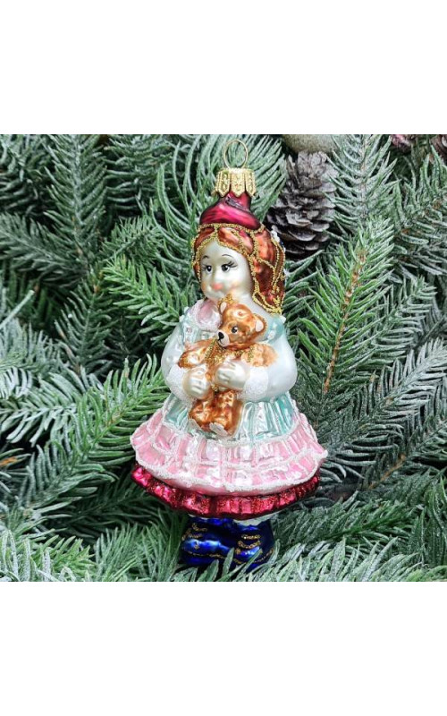 Стеклянная елочная игрушка Девочка с мишкой