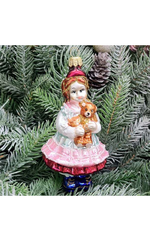 Стеклянная елочная игрушка Девочка с мишкой