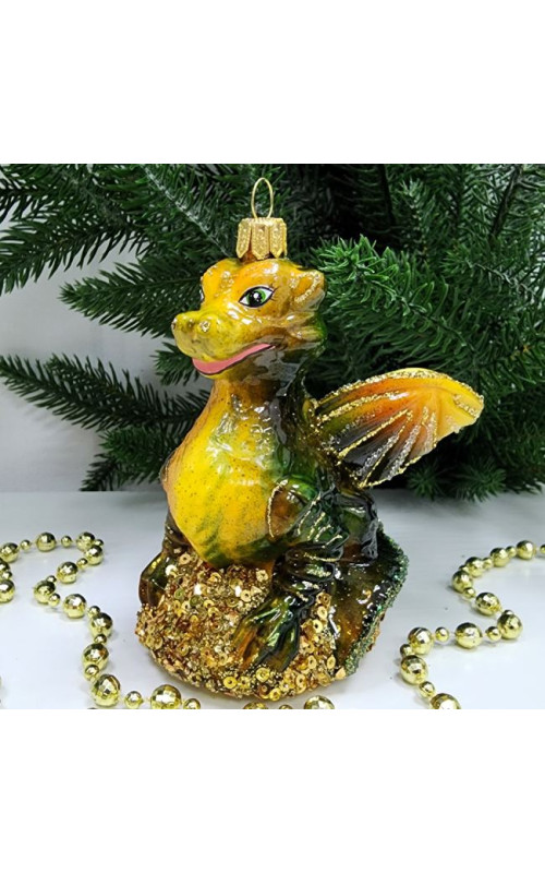 Стеклянная елочная игрушка Дракон на камне зеленый
