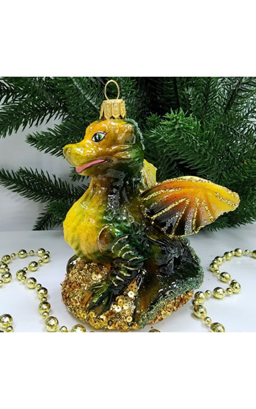 Стеклянная елочная игрушка Дракон на камне зеленый