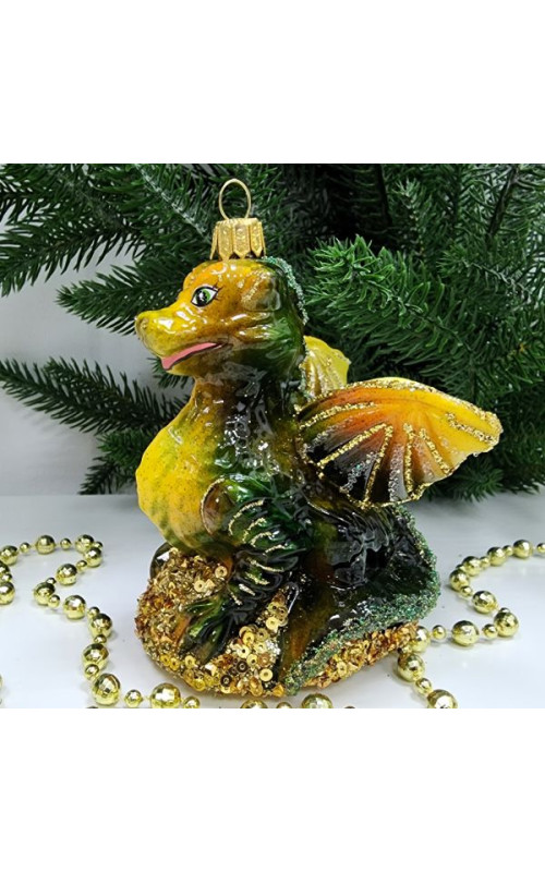 Стеклянная елочная игрушка Дракон на камне зеленый