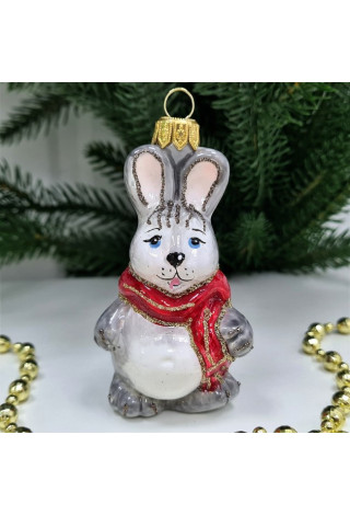 Стеклянная елочная игрушка Зайчик в шарфе