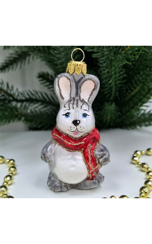 Стеклянная елочная игрушка Зайчик в шарфе
