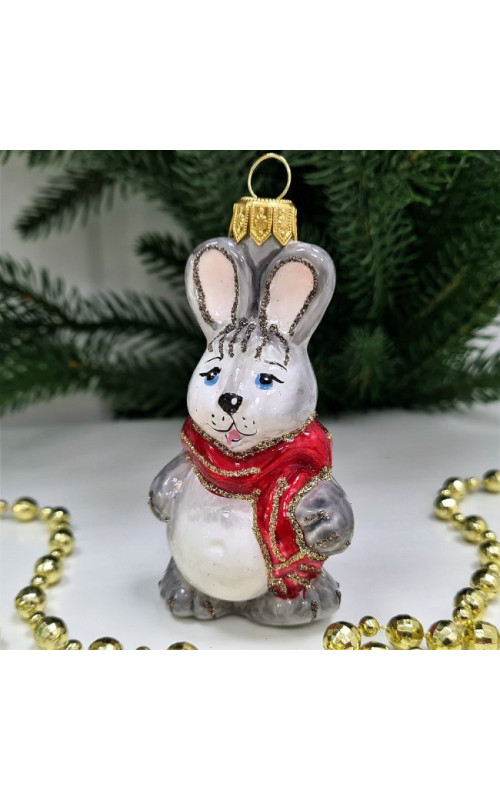 Стеклянная елочная игрушка Зайчик в шарфе