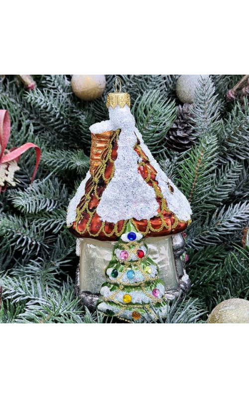 Стеклянная елочная игрушка Домик мельница-2