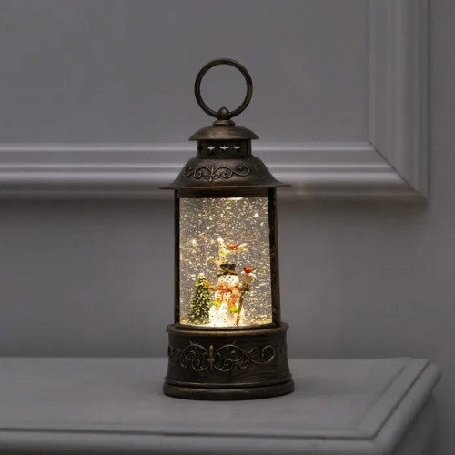 Новогодний музыкальный фонарик с подсветкой и снежным вихрем лампа Снеговик 10*10*22 см (USB+бат)