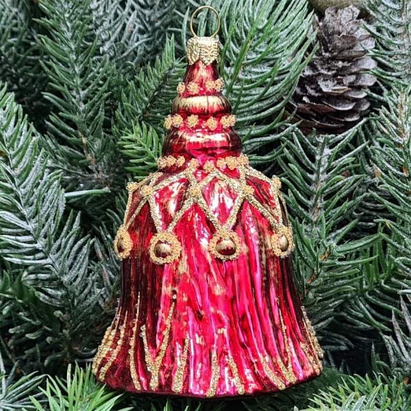 Стеклянная елочная игрушка Колокол красный