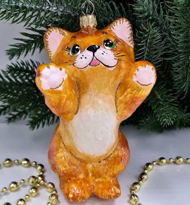 Стеклянная елочная игрушка Рыжий котик
