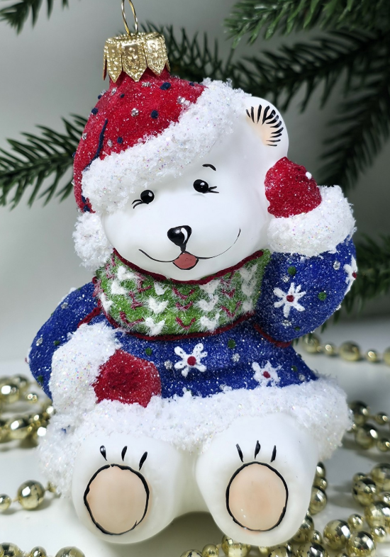 Стеклянная елочная игрушка Мишка гольфер