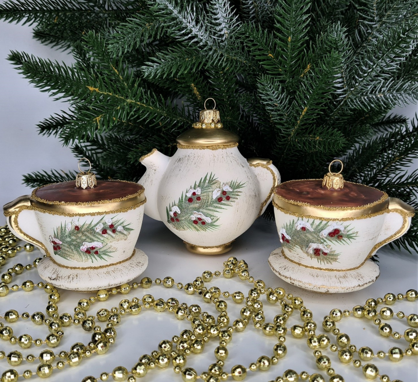 Набор ёлочных игрушек Чайник и две чашки-8 винтаж