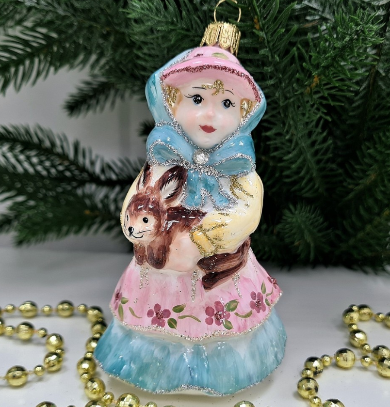 Стеклянная елочная игрушка Девочка с кроликом, 1-1034