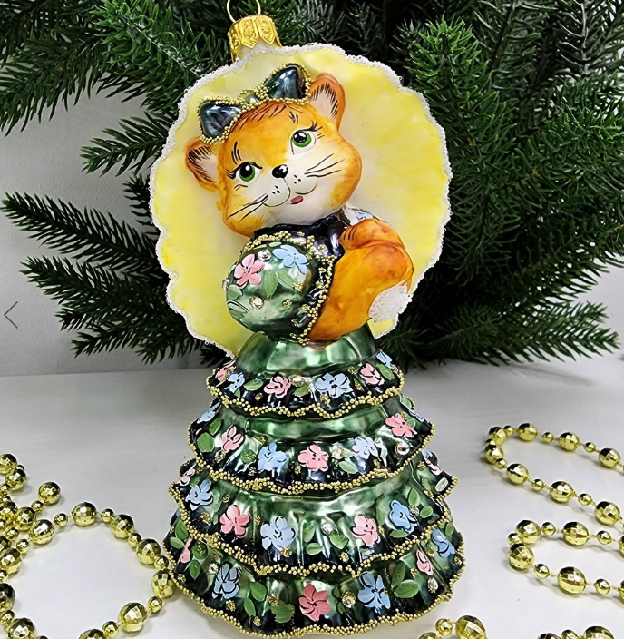Стеклянная елочная игрушка Кошка с зонтиком зеленая