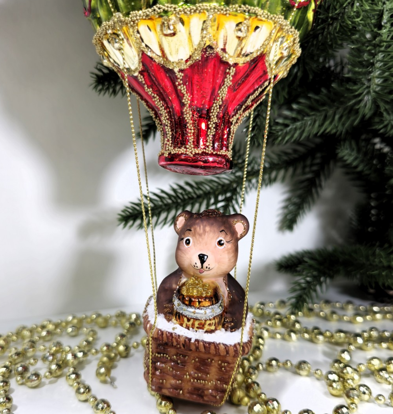 Стеклянная елочная игрушка Мишка на воздушном шаре